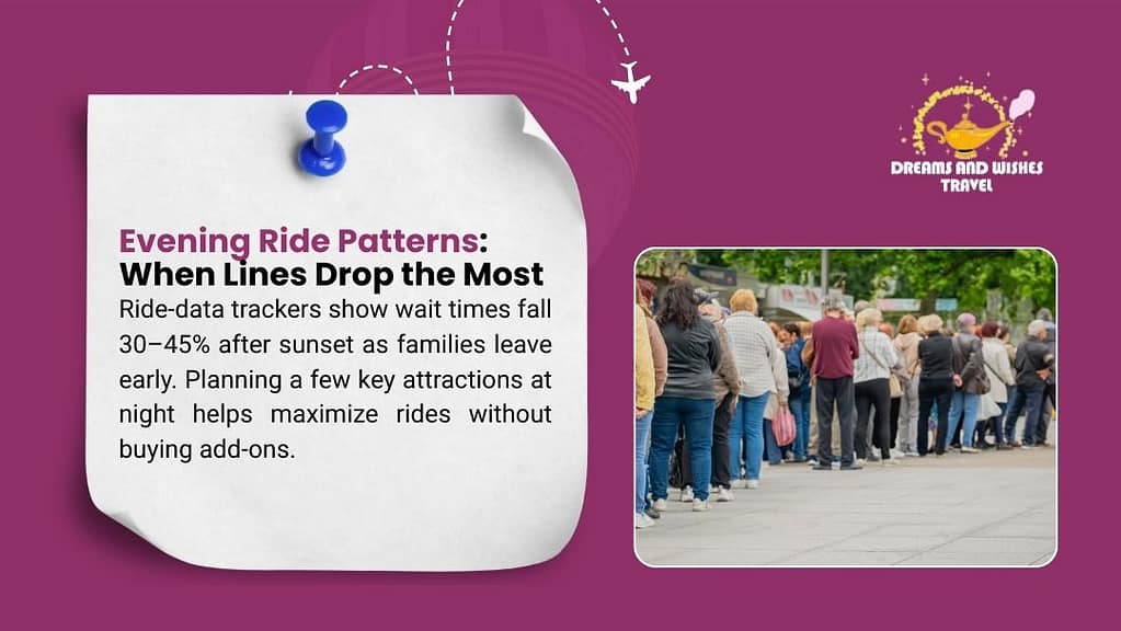 An image illustrating evening ride patterns and wait times at amusement parks. Ride data shows wait times fall $30-45\%$ after sunset as families leave early. The image shows a long line of people waiting for a ride.