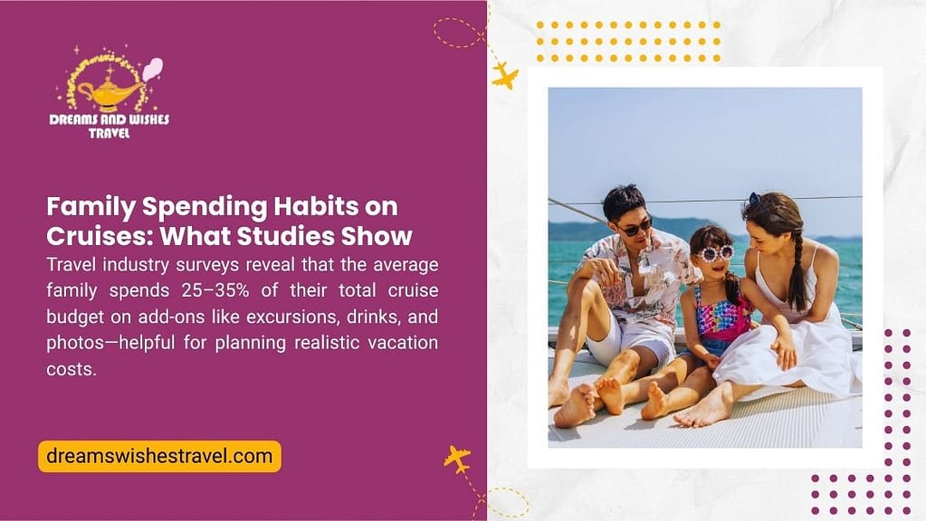 Dreams and Wishes Travel: Family Spending Habits on Cruises – Studies show families spend 25–35% of total budget on add-ons (excursions, drinks, photos).