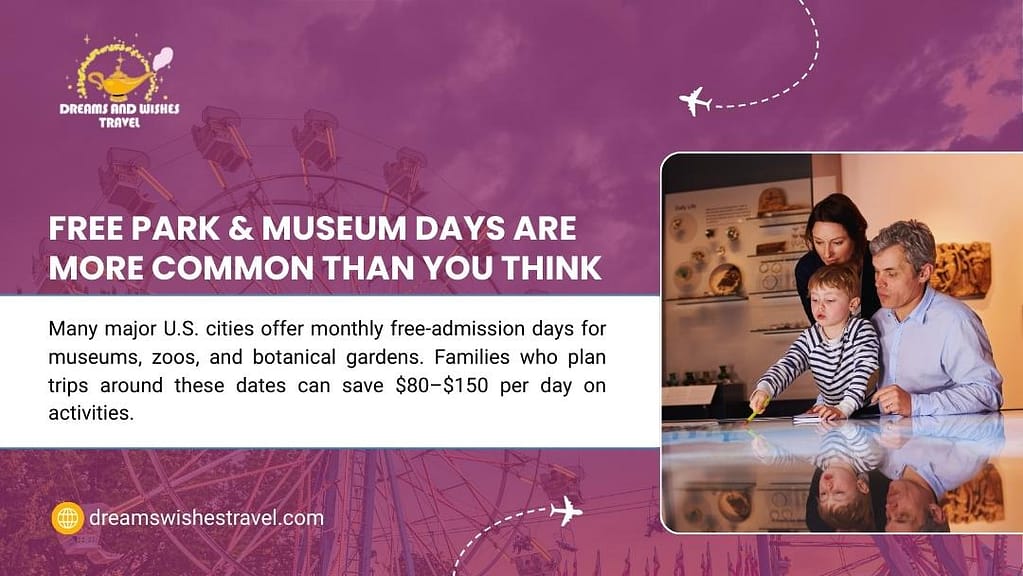 Dreams and Wishes Travel: "Free Park & Museum Days Are More Common Than You Think" – Many U.S. cities offer monthly free admission; families can save $80–$150/day.