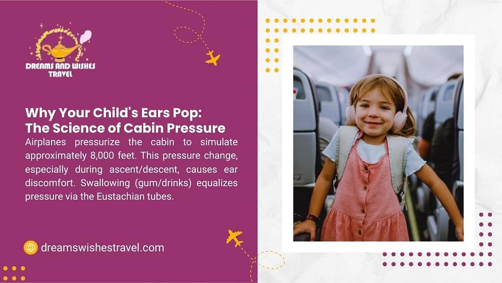 Dreams and Wishes Travel infographic: "Why Your Child’s Ears Pop" – Airplane cabin pressure changes cause ear discomfort; swallowing (gum/drinks) equalizes via Eustachian tubes. Happy girl with headphones on plane.