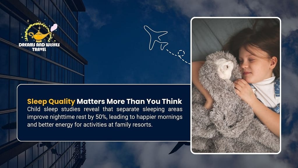 Sleeping child hugging stuffed animal. Text: Sleep Quality Matters More Than You Think – Separate sleeping areas improve kids’ nighttime rest by 50%, leading to happier mornings at family resorts.