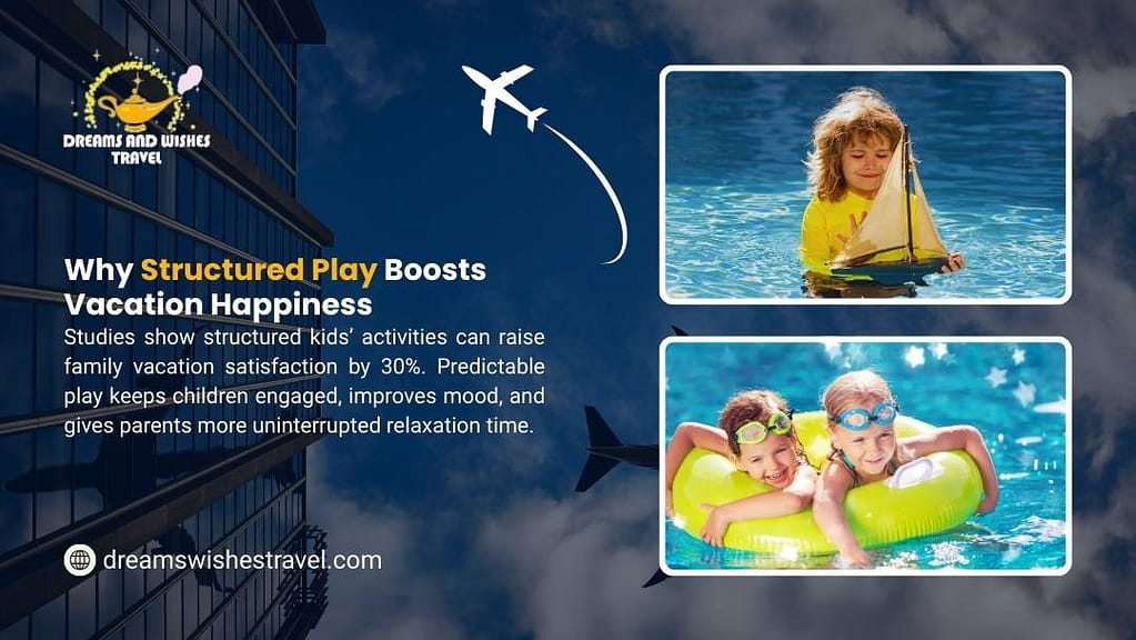 Kid friendly all inclusive resorts - Children enjoying structured pool activities: one sailing toy boat, two in float ring. Text: Why Structured Play Boosts Vacation Happiness – raises family satisfaction 30% by keeping kids engaged.